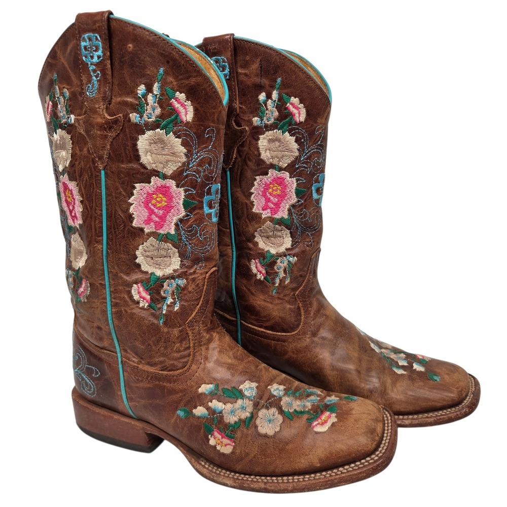 Macie Bean Rose Garden Floral Embroidered Boots Women Sz 5 Brown Leather Cowboy